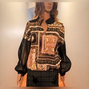 Love Highlight XL Baroque Print Half Zip Pullover Jacket Mesh Sleeves & Back
